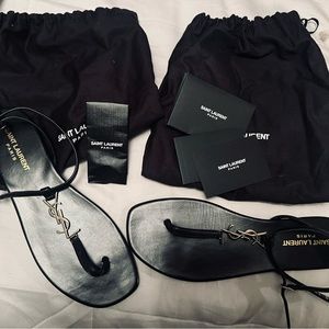 Authentic YSL CASSANDRA BLACK LEATHER SANDALS silver hardware size 39.5